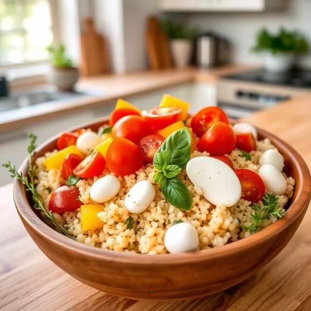salad with couscous, tomatoes, yellow bell peppers, mozzarella, basil and oregano