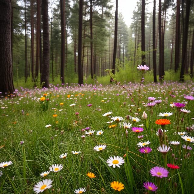 Beautiful flowers in a meadow among the forest