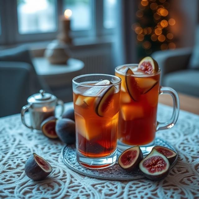 Iced Masala tea with figs for pleasant winter evenings on the table in a cozy living room
