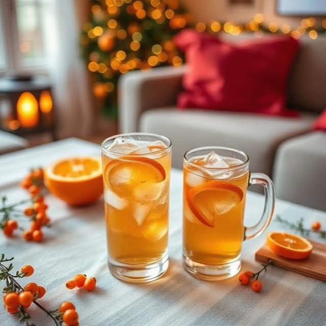 Iced tea with Orange tea and sea buckthorn for pleasant winter evenings on the table in a cozy living room