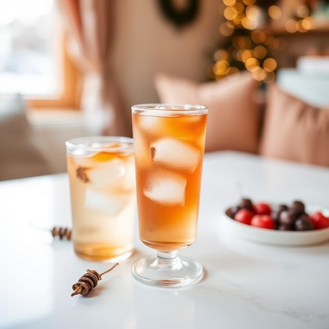Iced tea with vitamins for pleasant winter evenings on the table in a cozy living room
