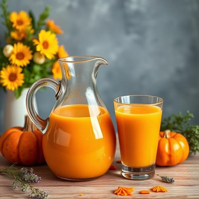 Pumpkin and carrot juice in a jug and glass with beautiful decor