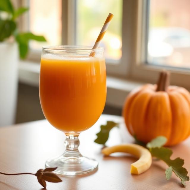 Pumpkin-apple juice in a glass with a straw on a table by the window