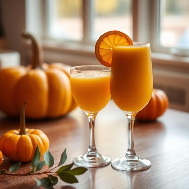 Pumpkin juice with orange in a beautiful glass on the table