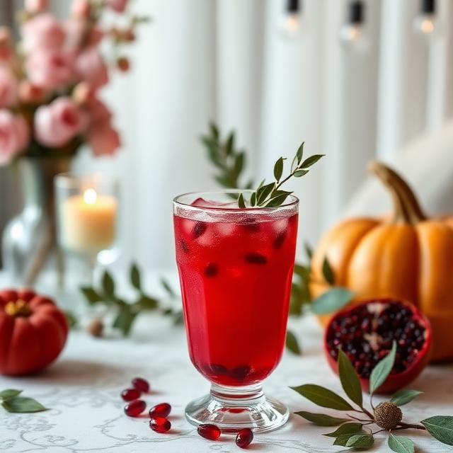 Pumpkin with pomegranate juice in a beautiful glass on the table
