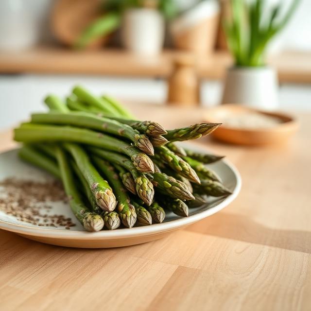 Asparagus on a plate with flax seeds