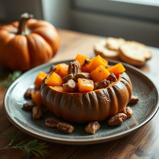 Stewed pumpkin with nuts in a plate on the table