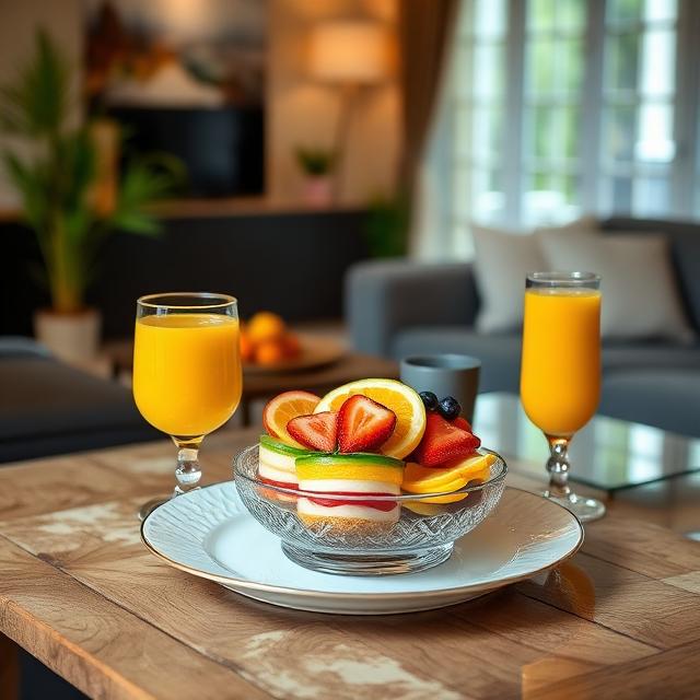 Fruit desserts in a beautiful plate, drinks, juice on the table 