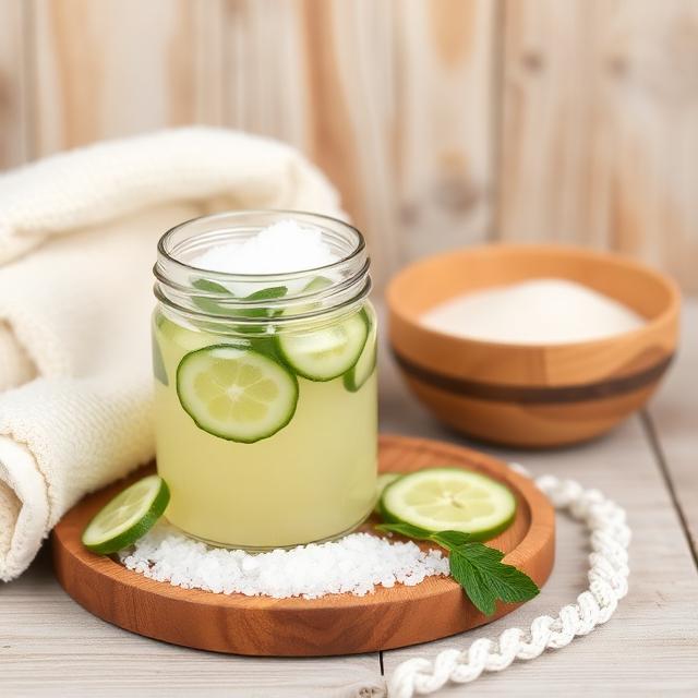 Sauna towel, salt and whitening mask with cucumber juice in a jar