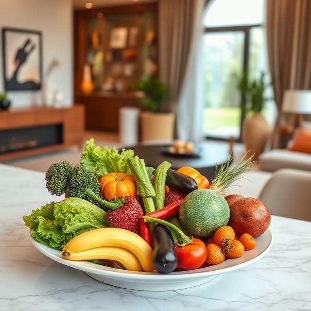 Vegetables and fruits in a beautiful plate on a table in an amazing living room