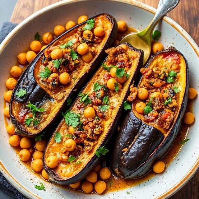 Eggplants baked with chickpeas and herbs