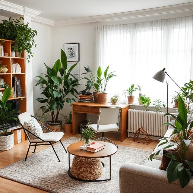 Decorating a study with plants in the living room