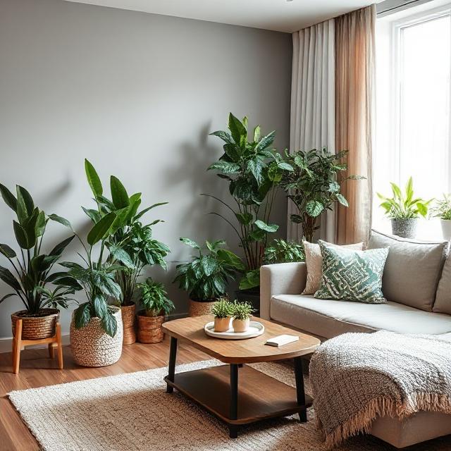 Interior design with plants in the living room