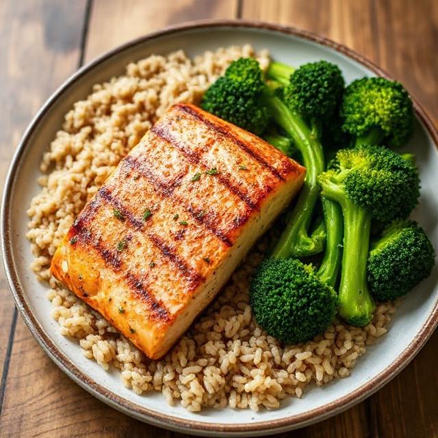 Grilled salmon with steamed broccoli and brown rice