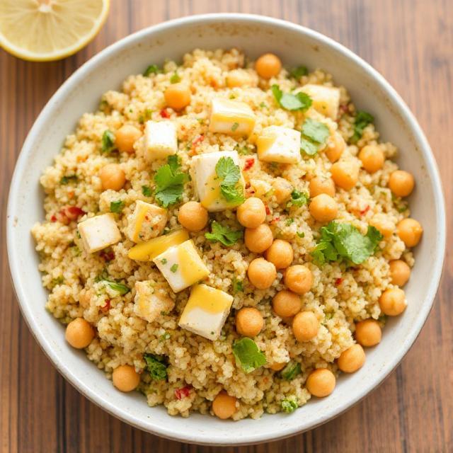 Quinoa, tofa, and chickpeas with lemon-tahini dressing