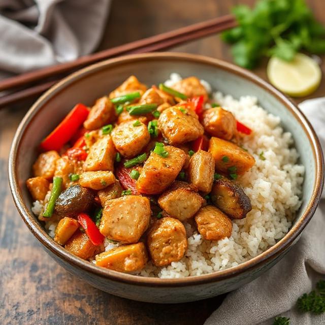 Stir-fried chicken and vegetables with cauliflower rice