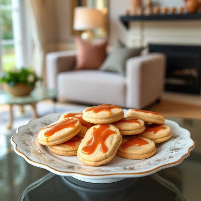 Caramel shortbread cookies on a beautiful plate in the living room