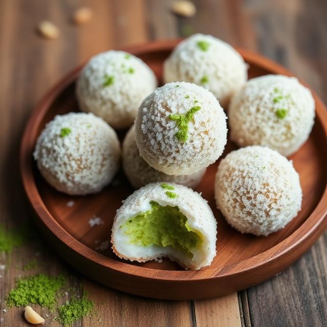 Coconut balls with matcha and almond flour on a wooden tray