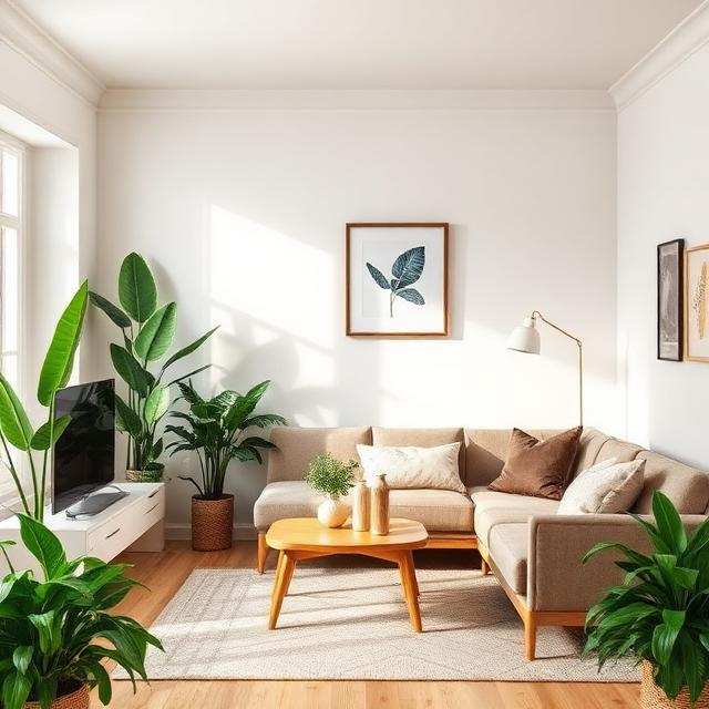 Cozy and beautiful home living room decor with green plants