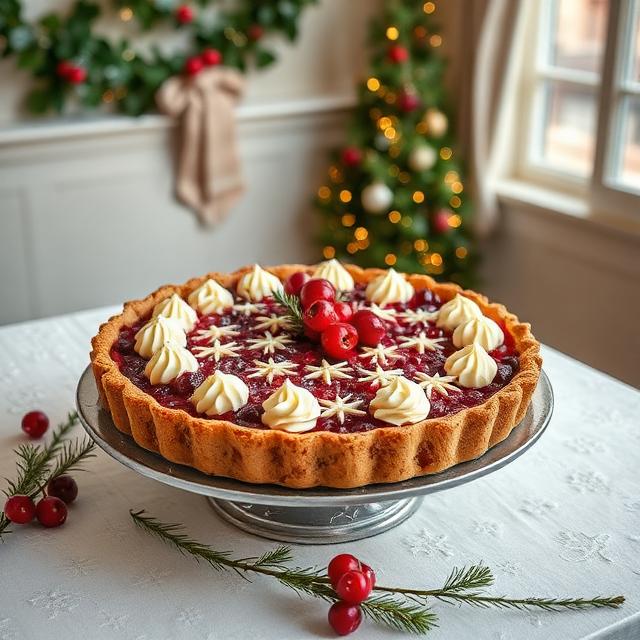 Festive cranberry pie with white chocolate on a table in a very beautiful interior