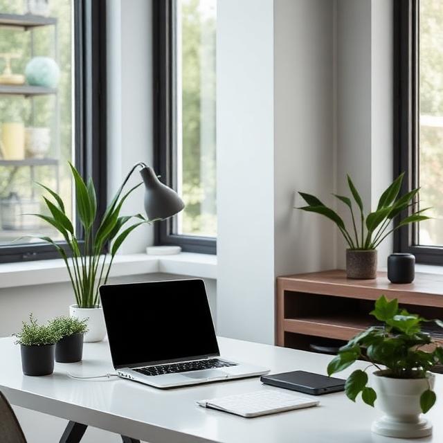 modern office with a laptop and greenery