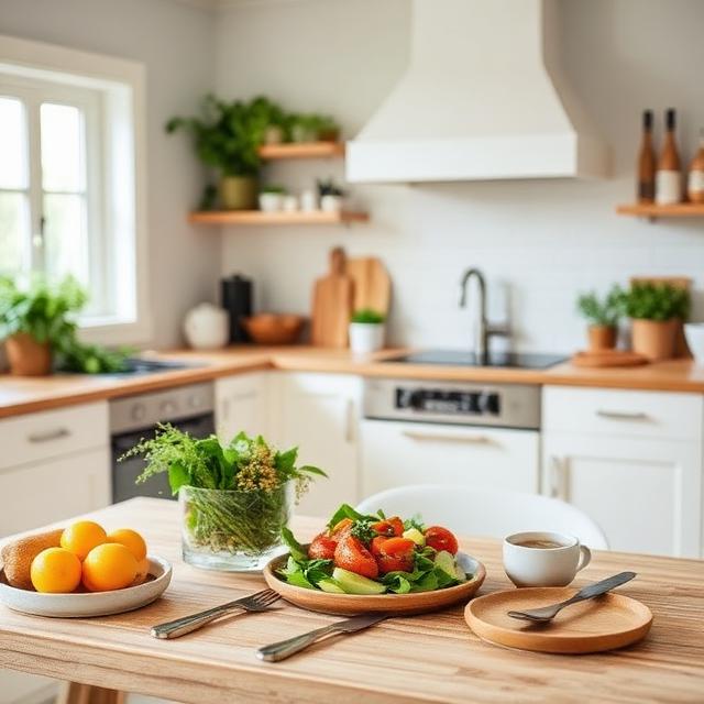 healthy food on the table in a beautiful kitchen