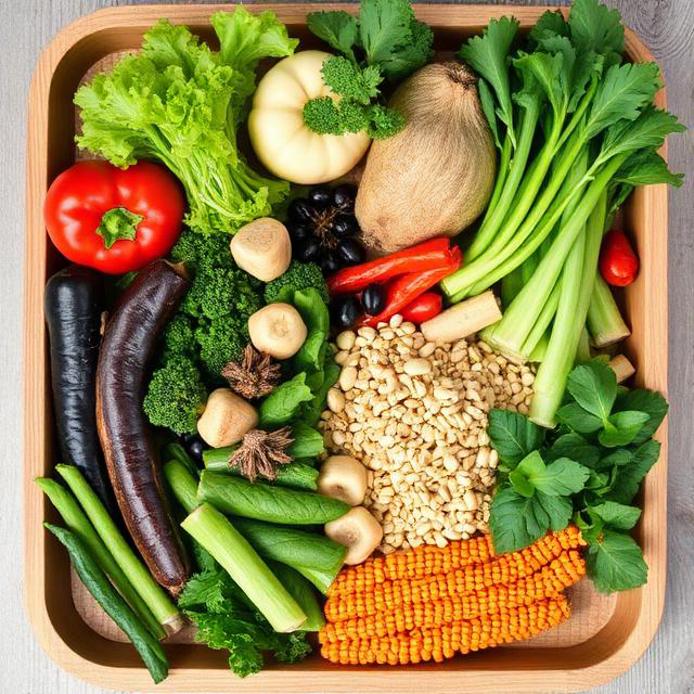 vegetables, fruits, legumes, soybeans, whole grains, greens on a wooden tray