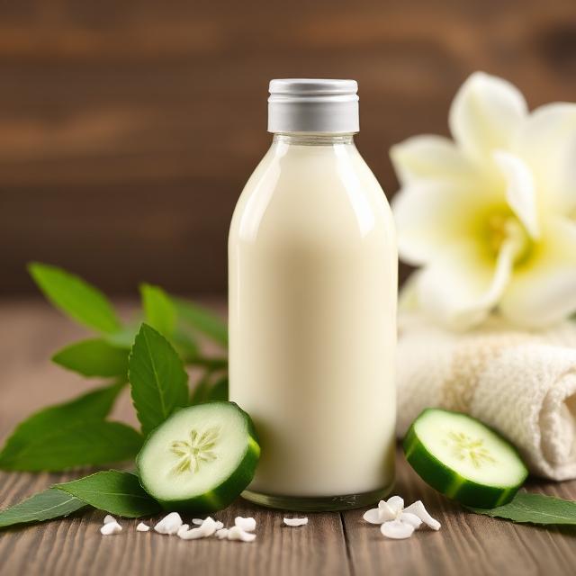 A bottle of lotion with milk and cucumber
