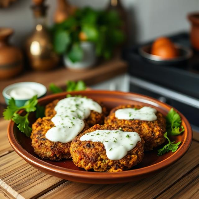 Lentil cutlets with yogurt sauce on a clay plate in a cozy kitchen