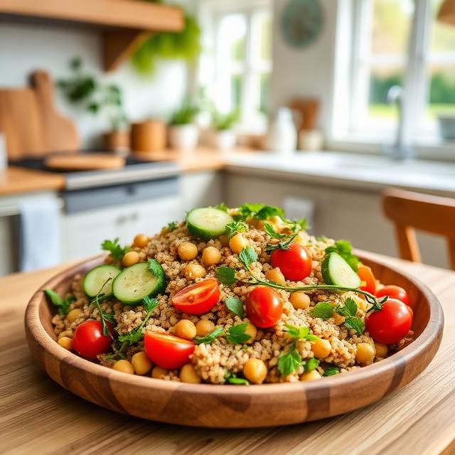 A salad of chickpeas, spelt, cherry tomatoes, cucumbers, and herbs 
