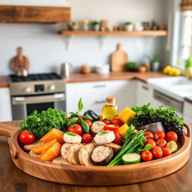 Foods Mediterranean Diet on a wooden tray in a beautiful kitchen