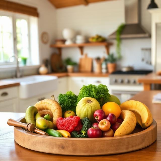 Foods That Fight Inflammation on a wooden tray in a beautiful kitchen