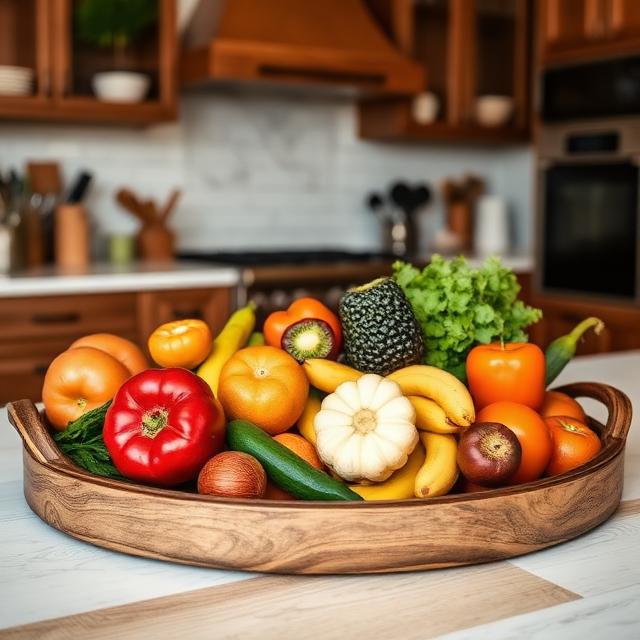 Fruits and vegetables on a wooden tray in a beautiful kitchen