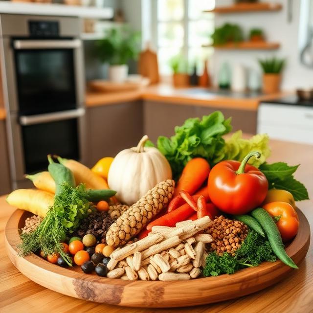 Fruits, vegetables, legumes, herbs and spices on a wooden tray in a beautiful kitchen