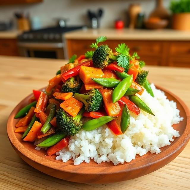 Rice with stir-fried broccoli, kimchi, and edamame, and herbs 