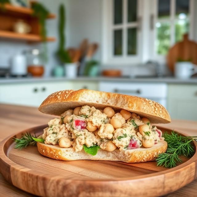 Tuna and chickpea salad sandwich, and herbs 