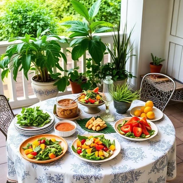 A table set with salads, appetizers, fruits and greens on a veranda with plants