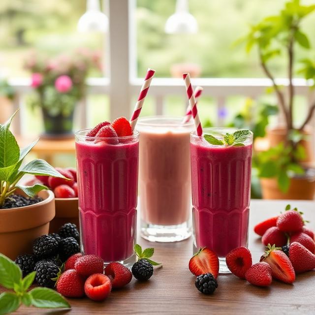 Berry and fruit smoothies on a veranda with plants