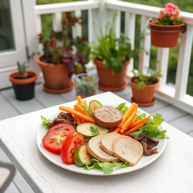 healthy food on a plate veranda with plants
