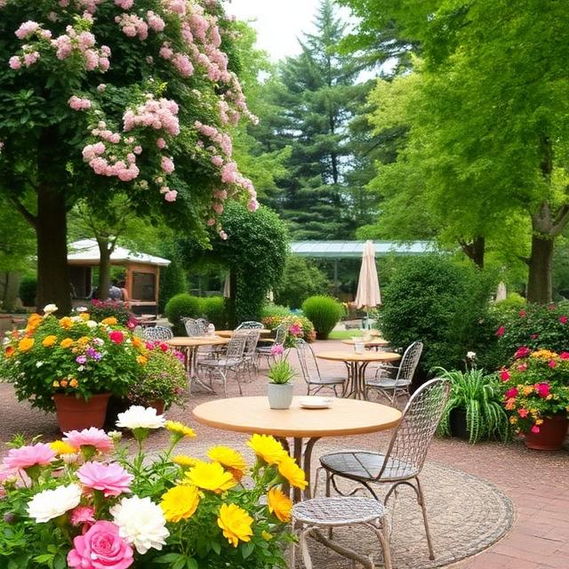 A summer cafe in a park with beautiful flowers