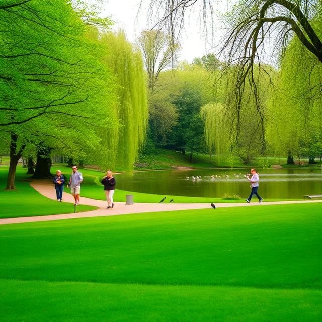 Pleasant walks in a green park with a lake and birds