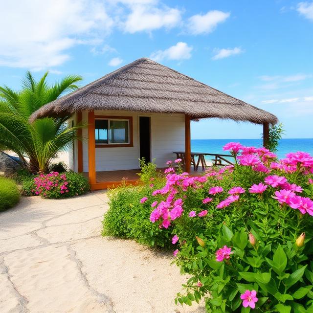 Relax on the seashore in a bungalow with beautiful flowers