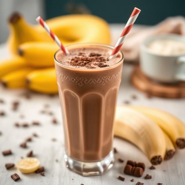 Banana smoothie with cocoa on the table in a beautiful glass