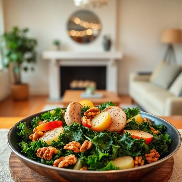 Chicken, apple, and kale pan-fried with walnuts in a beautiful living room