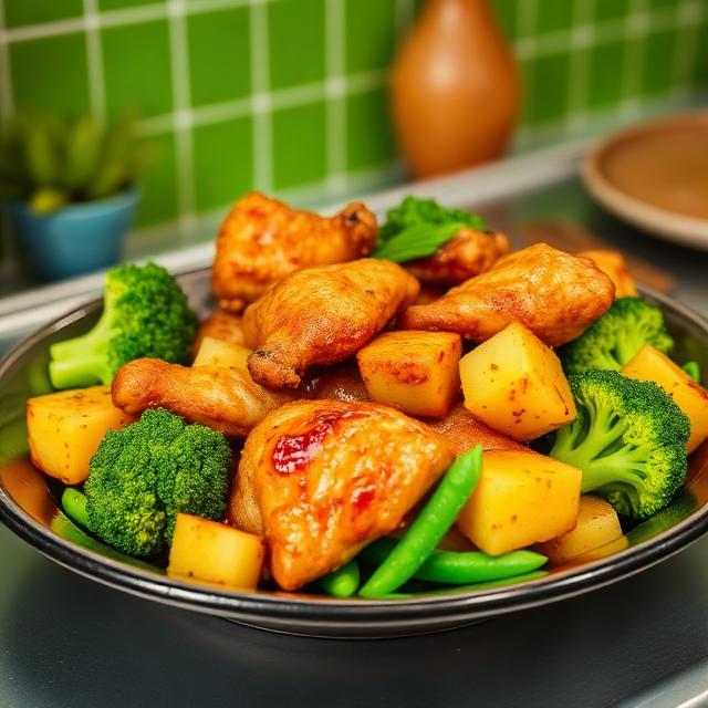 Fried chicken with pineapple, ginger, broccoli and green peas on a beautiful platter