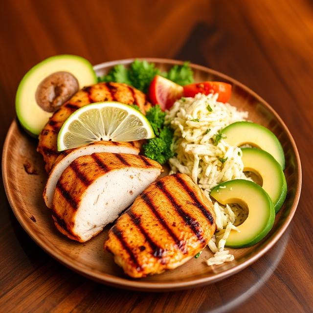 Grilled chicken with mango and lime, avocado and coleslaw on an elegant platter