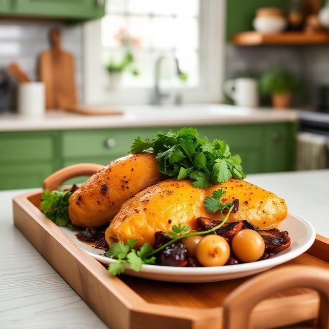Orange chicken with greens, roasted vegetables and grapes on a wooden tray in a green kitchen