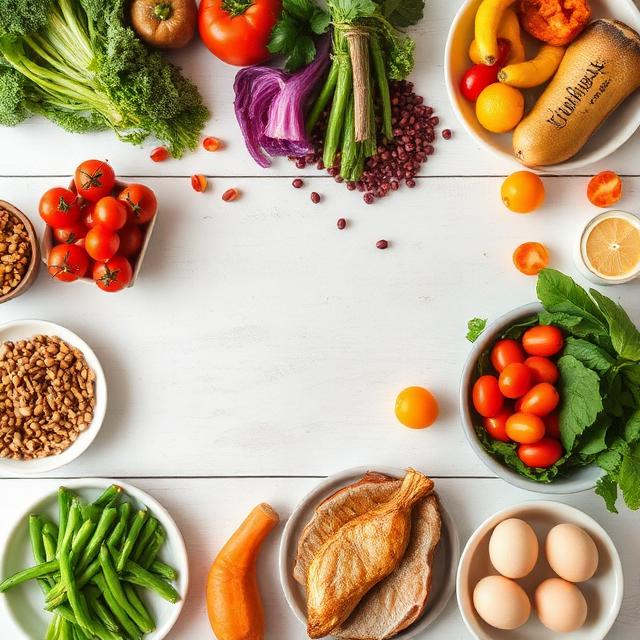 A delicious table with vegetables, fruits, legumes, meat, fish, eggs