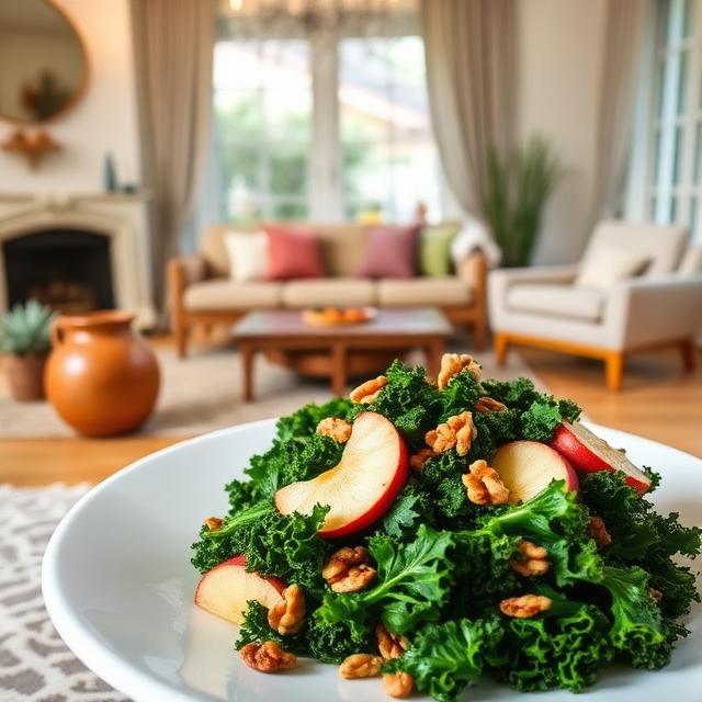 Chicken, apple, and kale pan-fried with walnuts in a beautiful living room