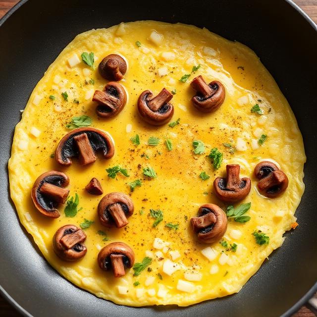 omelette with mushrooms and herbs in a frying pan